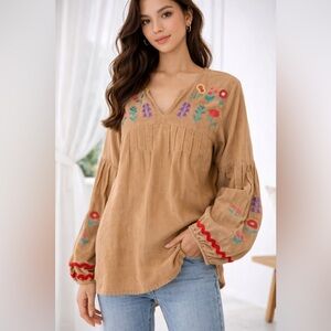 Easel Corduroy Boho Top Camel Tan Floral Embroidered Balloon Sleeve NWT S